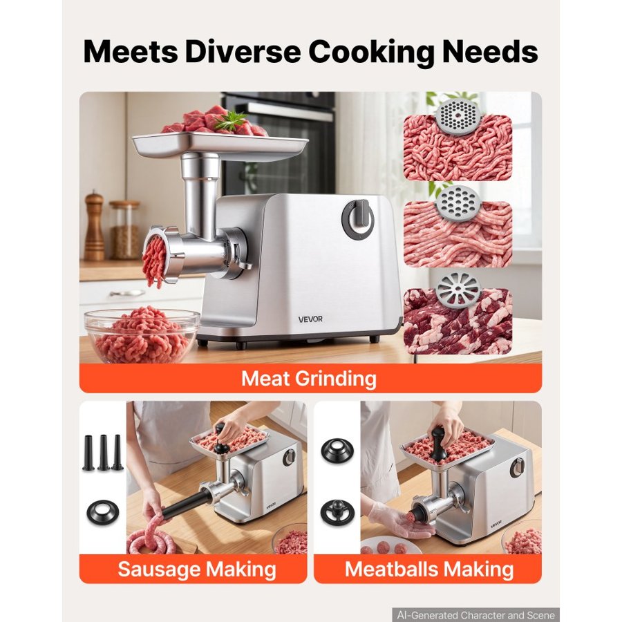 VEVOR Electric Meat Grinder, 1.5-3 kg/min 1800W Max, #5 Home Meat Mincer, 2-Speed with 3 Grinding Plates, 3 Sausage Stuff Tubes & Kubbe Kit, 700W Die-Cast Aluminum Sausage Maker for Home Kitchens