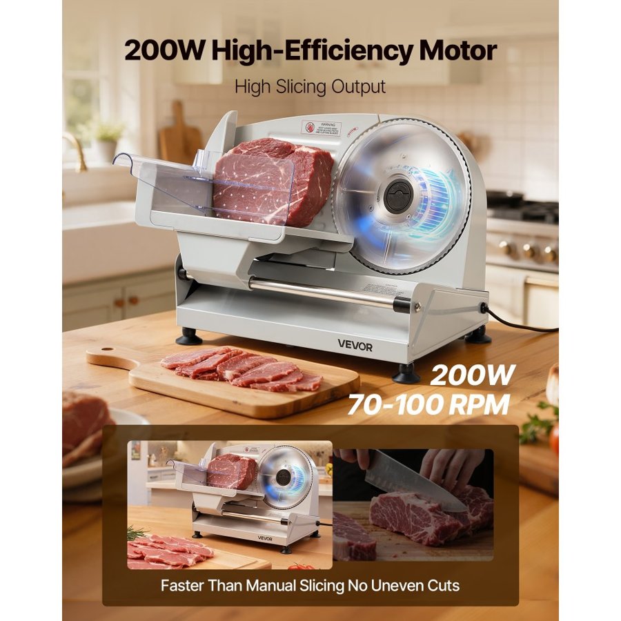 VEVOR Meat Slicer, Electric Deli Slicer with 190mm SUS420 Blade & 0-15mm Adjustable Thickness, 200W Home Food-Slicer for Frozen Meat, Ham, Baguett, Steak