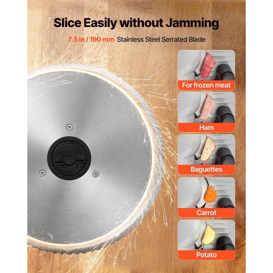 VEVOR Meat Slicer, Electric Deli Slicer with 190mm SUS420 Blade & 0-15mm Adjustable Thickness, 200W Home Food-Slicer for Frozen Meat, Ham, Baguett, Steak