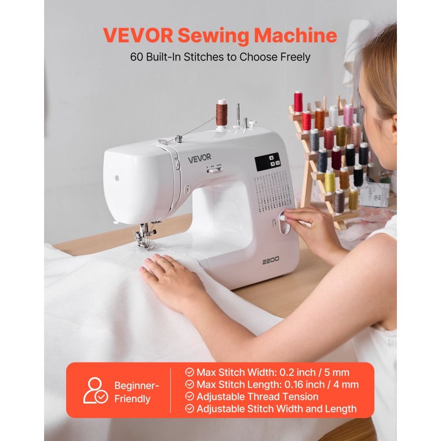VEVOR Computerized Sewing Machine, 60 Stitch Applications, with LED Screen, Foot Pedal and LED Light, Heavy-Duty Metal Frame, Digital Sewing Machine with Powerful Motor for Crafts and Mending