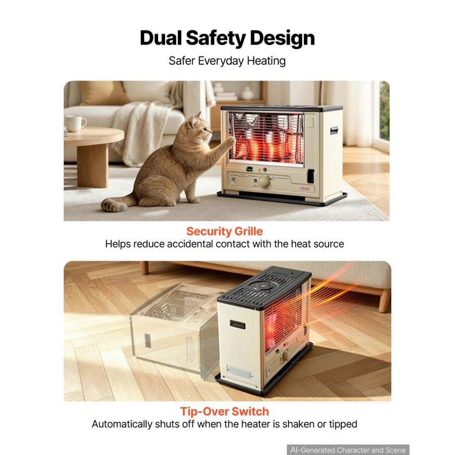 VEVOR Cordless Radiant Kerosene Heater, 10000 BTU Portable Space Heater, for Home, Garage, Camping, Workshop, Emergency, Outdoor Activity, with Flame Control, Tip-Over Shutoff, Funnel, Batteries