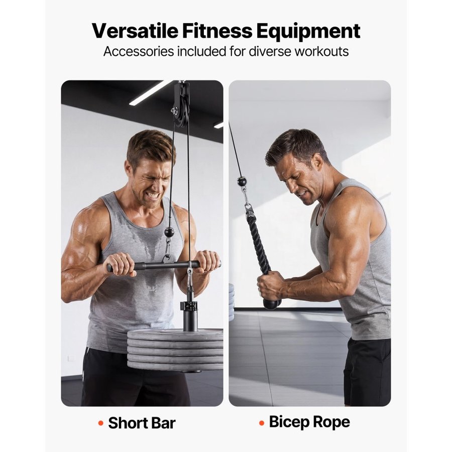 VEVOR Pulley System, 1 PC LAT and Lift Pulley System, Gym Rack Pulleys Attachment with two Steel Cables, Short Bar, Dual Grip Handles, Cable Machine for Bicep, Shoulder, Back, Up to 127 kg Capacity