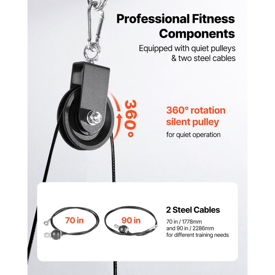 VEVOR Pulley System, 1 PC LAT and Lift Pulley System, Gym Rack Pulleys Attachment with two Steel Cables, Short Bar, Dual Grip Handles, Cable Machine for Bicep, Shoulder, Back, Up to 127 kg Capacity