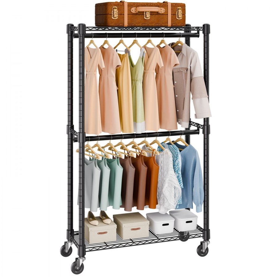 VEVOR Heavy Duty Clothes Rack, Double Hanging Rods Clothing Garment Rack with Bottom and Top Storage Tier, Rolling Clothing Rack for Hanging Clothes, 2.5cm Diameter Thicken Steel Tube Hold Up to 136.1kg