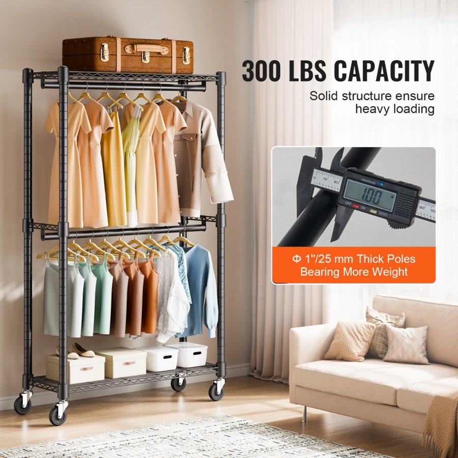 VEVOR Heavy Duty Clothes Rack, Double Hanging Rods Clothing Garment Rack with Bottom and Top Storage Tier, Rolling Clothing Rack for Hanging Clothes, 2.5cm Diameter Thicken Steel Tube Hold Up to 136.1kg