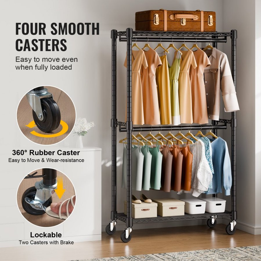 VEVOR Heavy Duty Clothes Rack, Double Hanging Rods Clothing Garment Rack with Bottom and Top Storage Tier, Rolling Clothing Rack for Hanging Clothes, 2.5cm Diameter Thicken Steel Tube Hold Up to 136.1kg