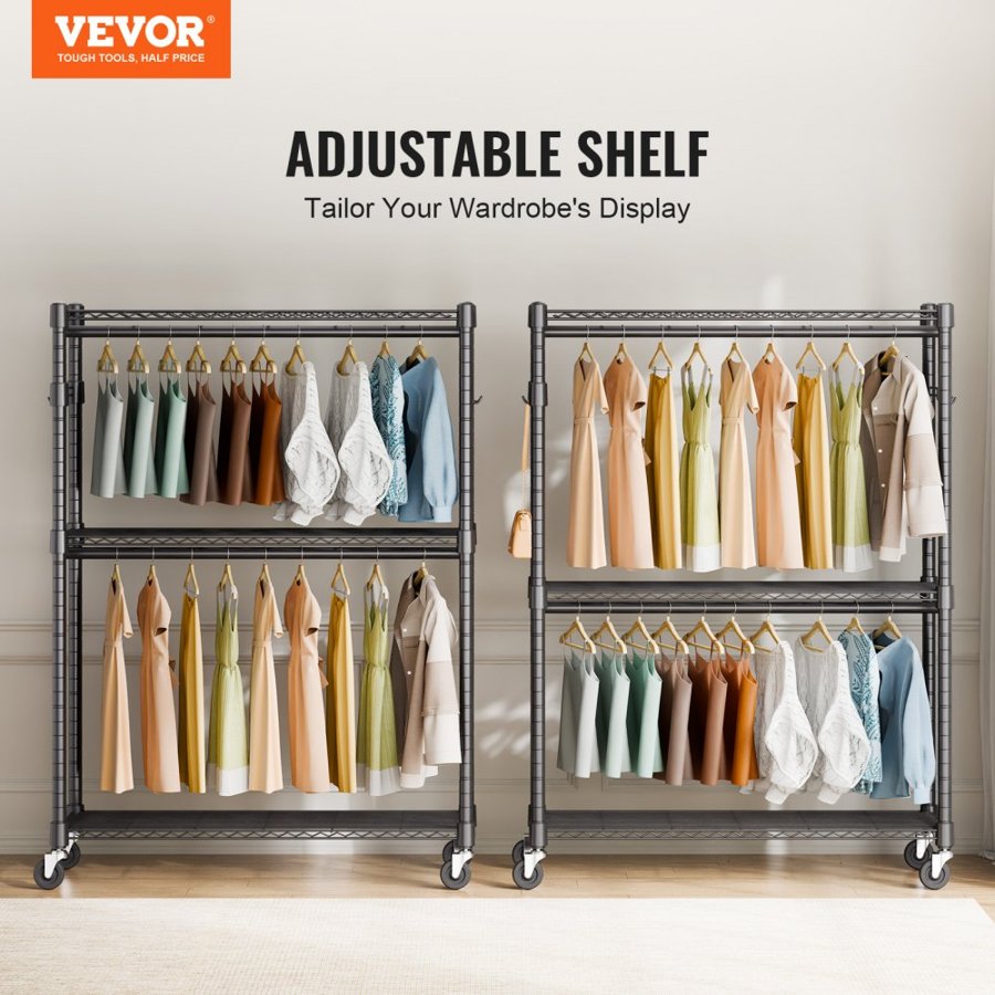 VEVOR Heavy Duty Clothes Rack, Rolling Clothing Garment Rack with 3 Storage Tiers, 2 Rods and 2 Pairs Side Hooks, Adjustable Height Clothing Rack Closet for Hanging Clothes, 400 Lbs Load Capacity