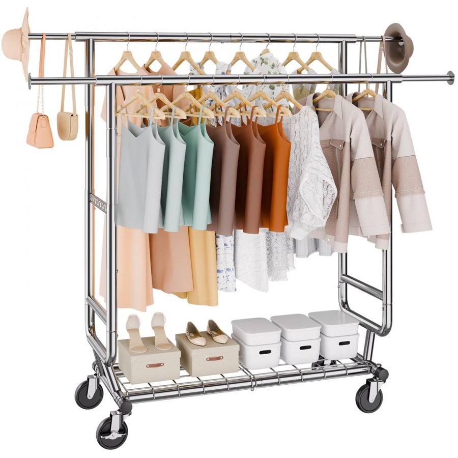 VEVOR Heavy Duty Clothes Rack, Double Hanging Rod Clothing Garment Rack for Hanging Clothes, Adjustable Height and Extendable Length Clothing Rack with Bottom Storage Area, 272.2kg Load Capacity