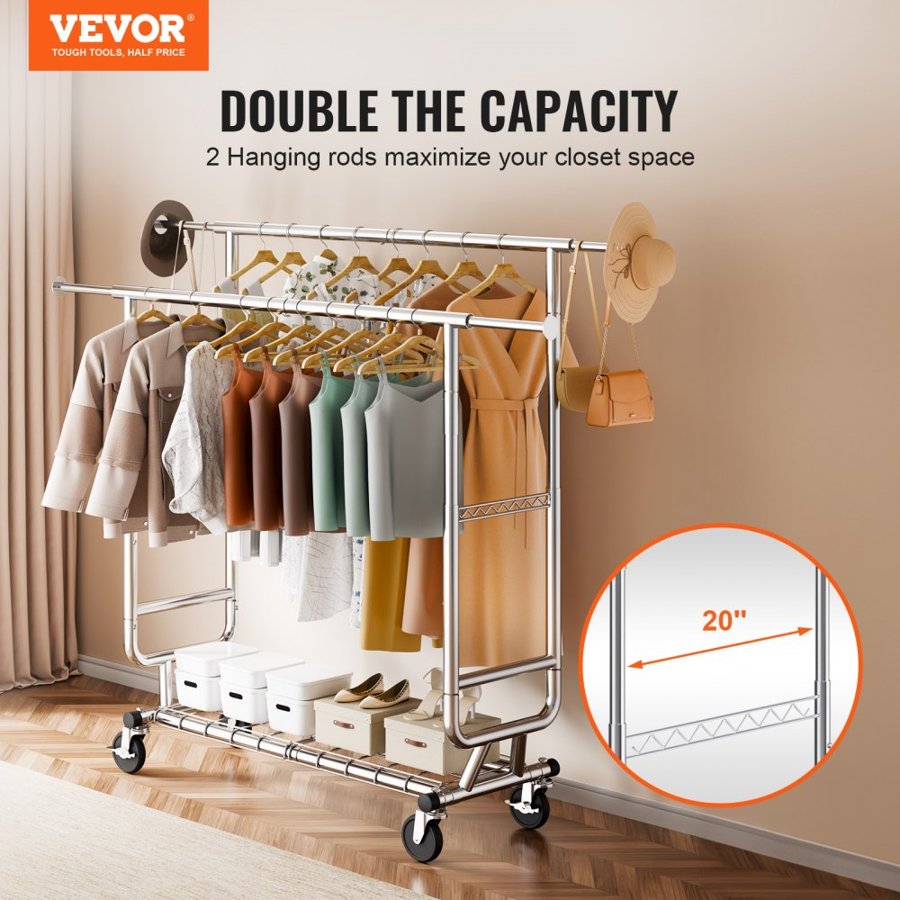VEVOR Heavy Duty Clothes Rack, Double Hanging Rod Clothing Garment Rack for Hanging Clothes, Adjustable Height and Extendable Length Clothing Rack with Bottom Storage Area, 272.2kg Load Capacity