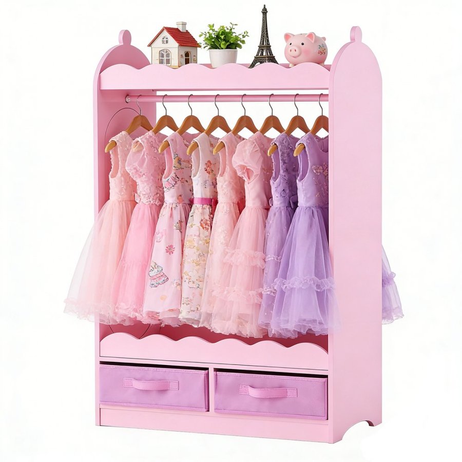 VEVOR Kids Dress Up Storage, with Mirror, Toddler Costume Wardrobe with Drawer, Dress Up Wardrobe Closet for Little Girls, Pretend Storage Dresser, Costume Organizer, for Bedroom, Kids Room, Pink