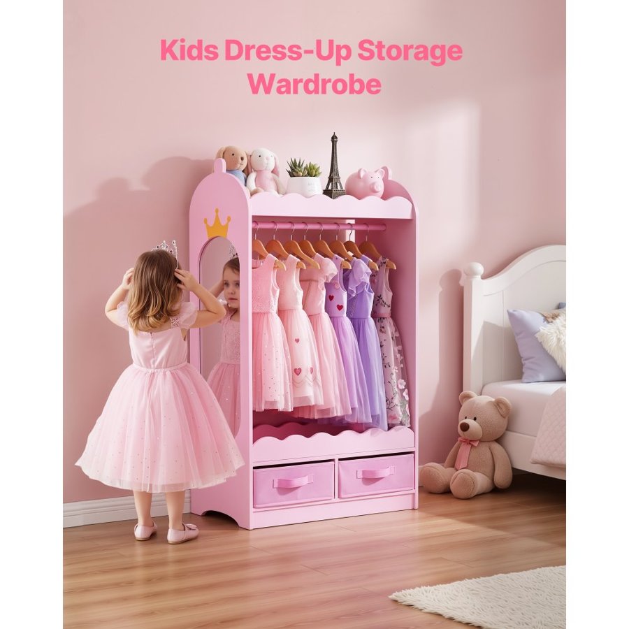 VEVOR Kids Dress Up Storage, with Mirror, Toddler Costume Wardrobe with Drawer, Dress Up Wardrobe Closet for Little Girls, Pretend Storage Dresser, Costume Organizer, for Bedroom, Kids Room, Pink