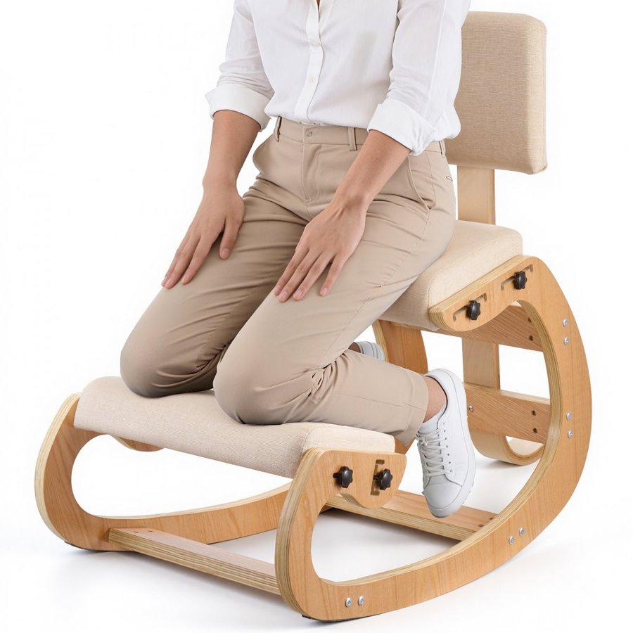 VEVOR Ergonomic Kneeling Chair, Wooden Posture Knee Chair with Adjustable Thick Foam Cushions, Backrest and Wood Frame, Adjustable Height, Relief for Neck or Back Pain for Home, Office or Meditation