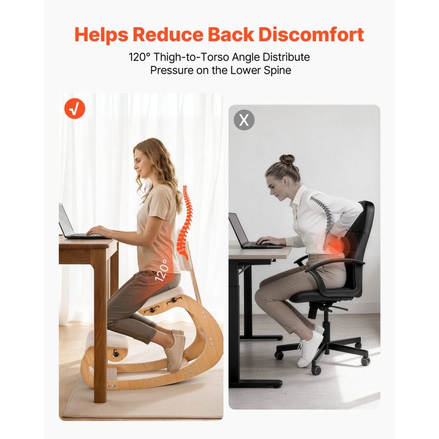 VEVOR Ergonomic Kneeling Chair, Wooden Posture Knee Chair with Adjustable Thick Foam Cushions, Backrest and Wood Frame, Adjustable Height, Relief for Neck or Back Pain for Home, Office or Meditation