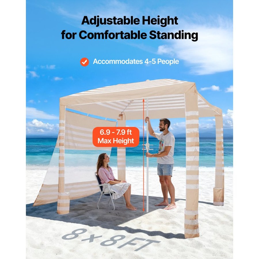 VEVOR Beach Cabana, 2.4 x 2.4 m Beach Canopy with Side Wall, UPF 50+ Protection Easy Setup Cabana Tent with Sand Pockets, Adjustable Height Portable Shade Sun Shelter Umbrella for Whole Family Friends