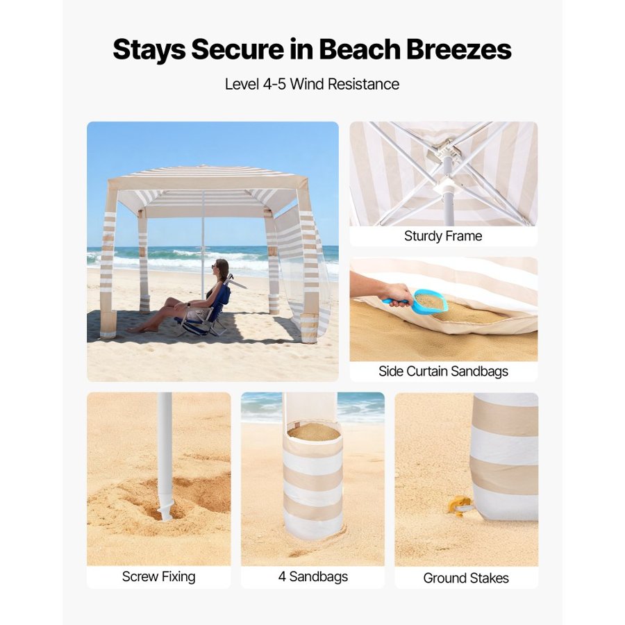 VEVOR Beach Cabana, 2.4 x 2.4 m Beach Canopy with Side Wall, UPF 50+ Protection Easy Setup Cabana Tent with Sand Pockets, Adjustable Height Portable Shade Sun Shelter Umbrella for Whole Family Friends
