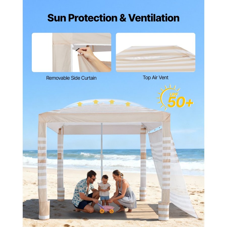 VEVOR Beach Cabana, 2.4 x 2.4 m Beach Canopy with Side Wall, UPF 50+ Protection Easy Setup Cabana Tent with Sand Pockets, Adjustable Height Portable Shade Sun Shelter Umbrella for Whole Family Friends