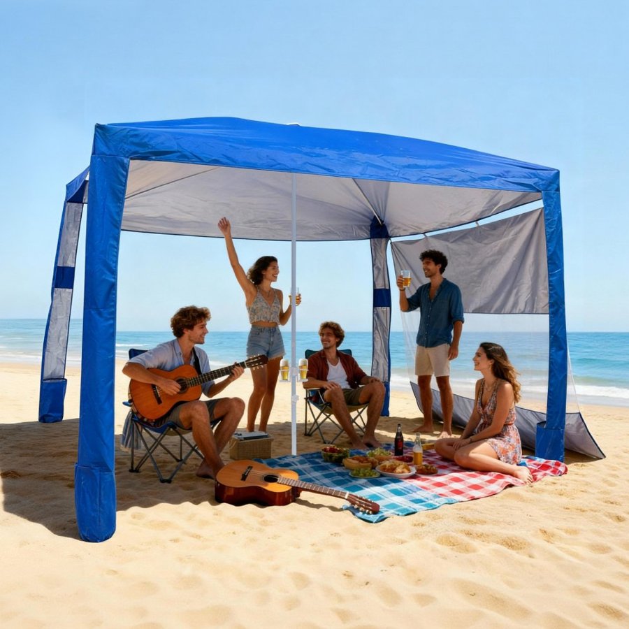 VEVOR Beach Cabana, 2.4 x 2.4 m Beach Canopy with Side Wall, UPF 50+ Protection Easy Setup Cabana Tent with Sand Pockets, Adjustable Height Portable Shade Sun Shelter Umbrella for Family Friends, Blue