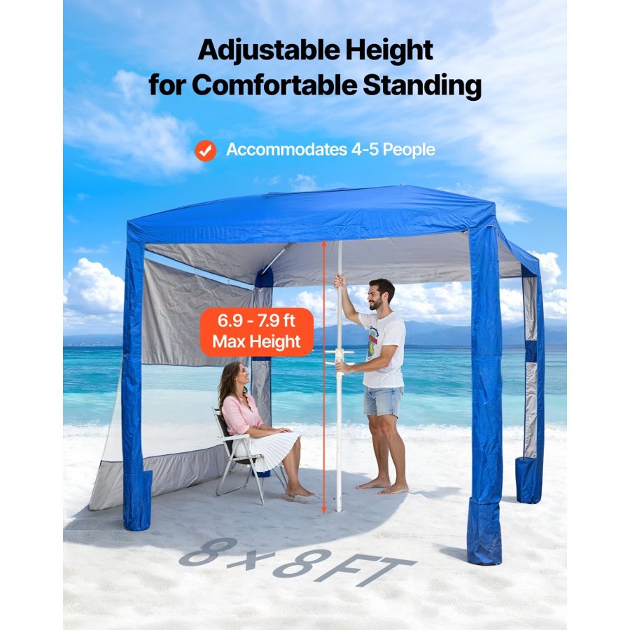 VEVOR Beach Cabana, 2.4 x 2.4 m Beach Canopy with Side Wall, UPF 50+ Protection Easy Setup Cabana Tent with Sand Pockets, Adjustable Height Portable Shade Sun Shelter Umbrella for Family Friends, Blue