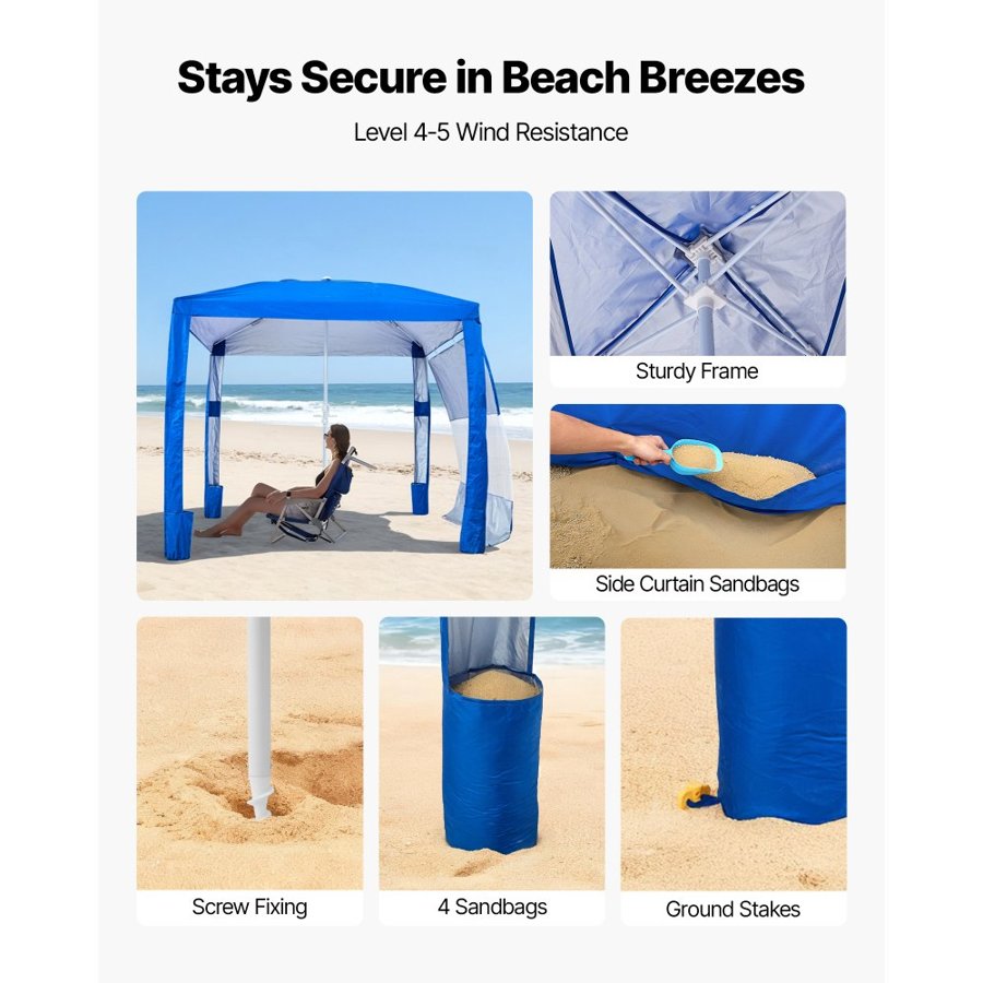 VEVOR Beach Cabana, 2.4 x 2.4 m Beach Canopy with Side Wall, UPF 50+ Protection Easy Setup Cabana Tent with Sand Pockets, Adjustable Height Portable Shade Sun Shelter Umbrella for Family Friends, Blue