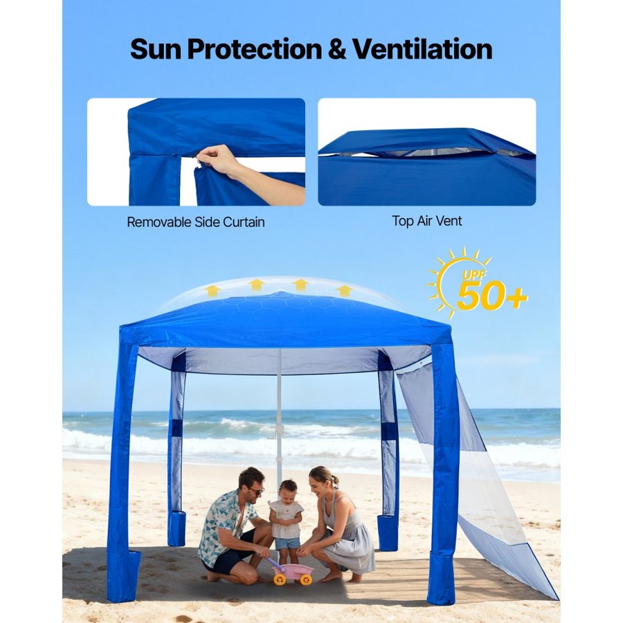 VEVOR Beach Cabana, 2.4 x 2.4 m Beach Canopy with Side Wall, UPF 50+ Protection Easy Setup Cabana Tent with Sand Pockets, Adjustable Height Portable Shade Sun Shelter Umbrella for Family Friends, Blue