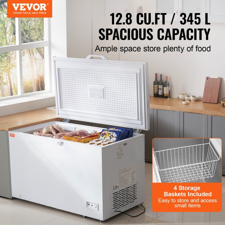 VEVOR Chest Freezer, 12.8 cu.ft / 345 L Large Deep Freezer & 4 Removable Baskets, Freestanding Top Open Door Commercial Chest Freezers with Locking Lid, 7-Level Adjustable Temp, LED Lighting, 6 Wheels