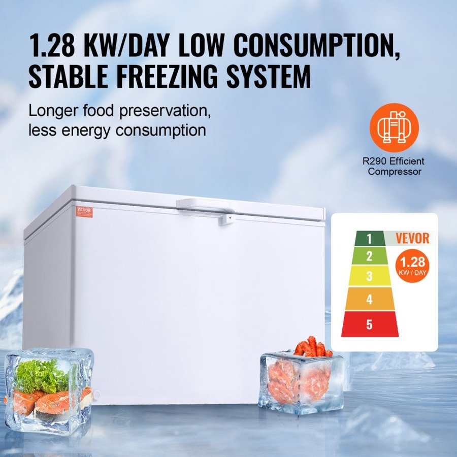 VEVOR Chest Freezer, 12.8 cu.ft / 345 L Large Deep Freezer & 4 Removable Baskets, Freestanding Top Open Door Commercial Chest Freezers with Locking Lid, 7-Level Adjustable Temp, LED Lighting, 6 Wheels