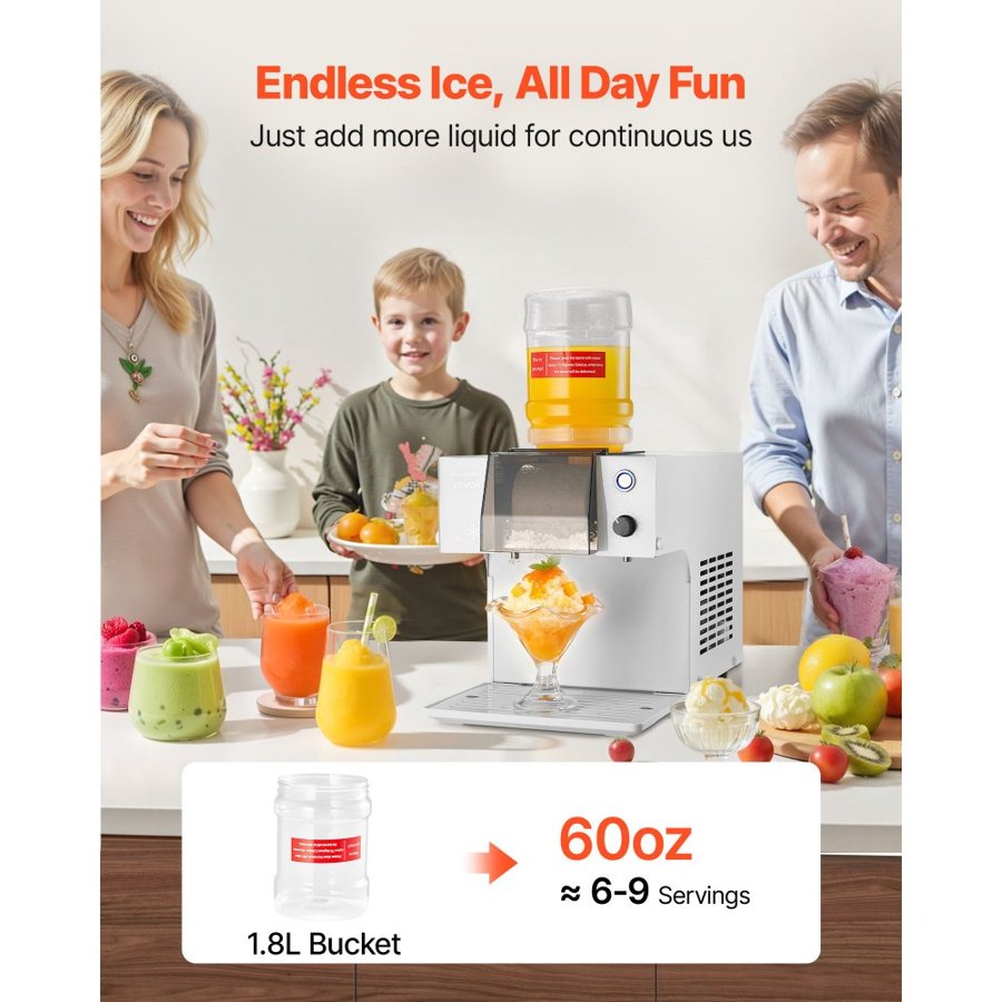 VEVOR Snowflake Ice Machine, 40KG/24H Snowflake Ice Maker, Ice-Shaver Machine with Stainless Steel Blade, Electric Snow Cone Maker with 1.8L Tank, 90S Fast Pre-Cooling, for Home & Small Gatherings