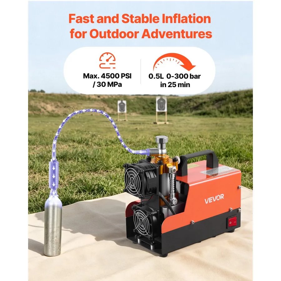 VEVOR PCP Air Compressor 4500PSI PCP Airgun Compressor & External Converter, Manual Stop 250W DC12V/AC230V Portable Paintball Tank Compressors for Air Rifle, Scuba Diving Bottle