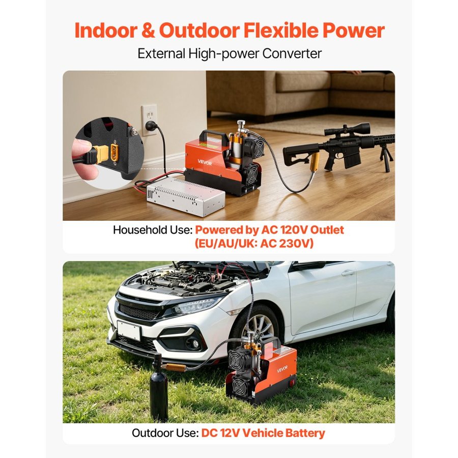 VEVOR PCP Air Compressor 4500PSI PCP Airgun Compressor & External Converter, Manual Stop 250W DC12V/AC230V Portable Paintball Tank Compressors for Air Rifle, Scuba Diving Bottle