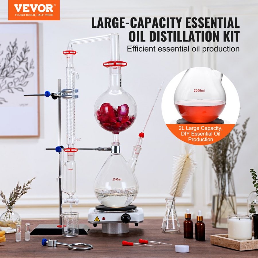 VEVOR Essential Oil Distillation Kit, 2000ml Distillation Apparatus, 3.3 Boro Lab Glassware Distillation Kit with 1500W Heating Plate and 24, 40 Joint, 28 pcs Set
