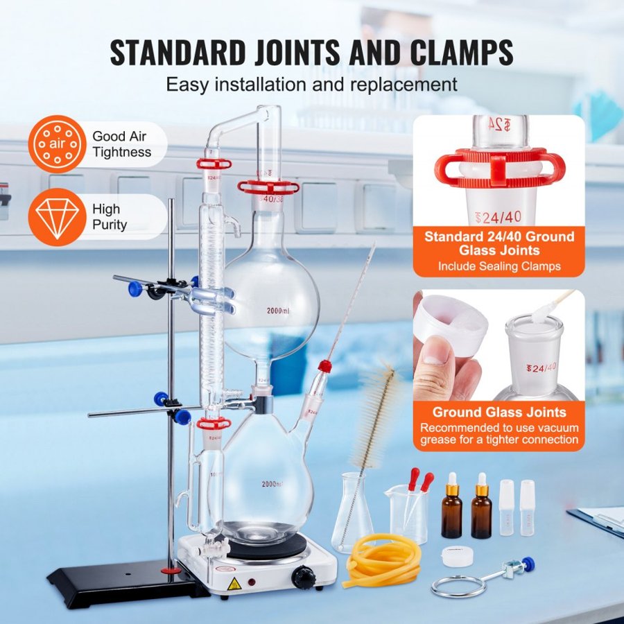 VEVOR Essential Oil Distillation Kit, 2000ml Distillation Apparatus, 3.3 Boro Lab Glassware Distillation Kit with 1500W Heating Plate and 24, 40 Joint, 28 pcs Set