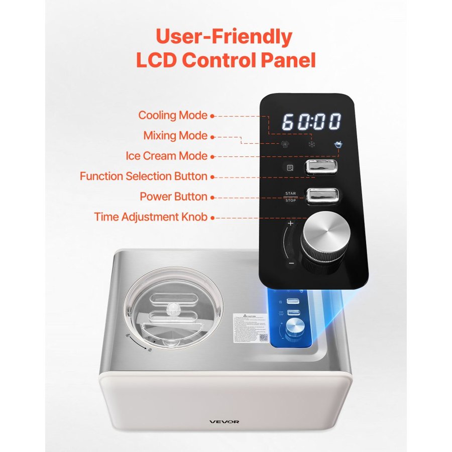 VEVOR Automatic Ice Cream Maker with Built-in Compressor, 2 Quart No Pre-freezing Gelato Maker, Electric Sorbet-Maker, 3 Modes Compressor Ice Cream Machine for Home Kitchen