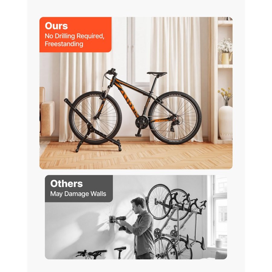 VEVOR Bike Stand, Foldable Freestanding Bike Storage Rack, Carbon Steel Garage Bicycle Floor Stand, Fits 508-737 mm Wheel Diameters, Drill-Free Installation, Ideal for Garage, Apartment, Home, Black