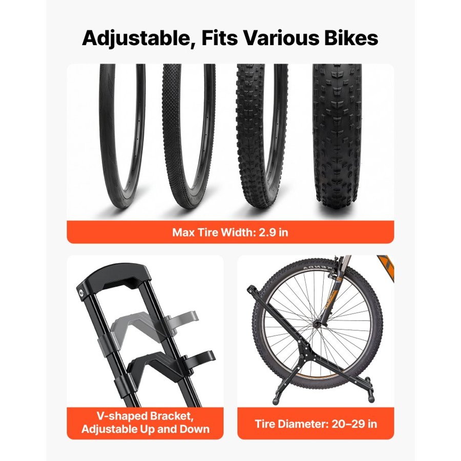 VEVOR Bike Stand, Foldable Freestanding Bike Storage Rack, Carbon Steel Garage Bicycle Floor Stand, Fits 508-737 mm Wheel Diameters, Drill-Free Installation, Ideal for Garage, Apartment, Home, Black