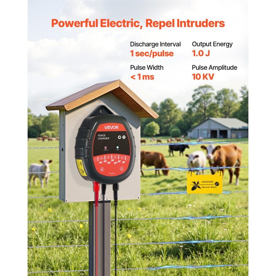 VEVOR Electric Fence Charger, 10kV 1J, AC DC Electric Fence Energizer with LED Indicator, 3km Range, Powerful Plug-in Fences Charger, Prevents Wild Animals Intrusion for Livestock Poultry