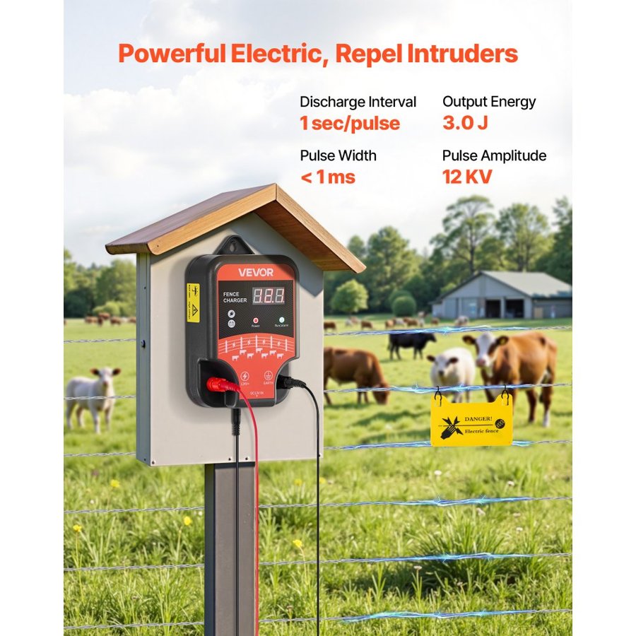 VEVOR Electric Fence Charger, 10kV 3J, AC DC Electric Fence Energizer with LED Indicator, 3 KM Range, Powerful Plug-in Fences Charger, Prevents Wild Animals Intrusion for Livestock Poultry