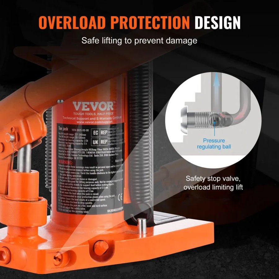 VEVOR Hydraulic Toe Jack, 2.5 Ton/2268 kg On Toe Toe Jack Lift, 5 Ton/4536 kg On Top Lift Capacity Machine Jack, 0.8-5.3 in/2-13.5 cm Toe Height, 8.9-13.4 in/22.6-34 cm Top Height, Air Hydraulic Claw Jack for Machinery, Industry