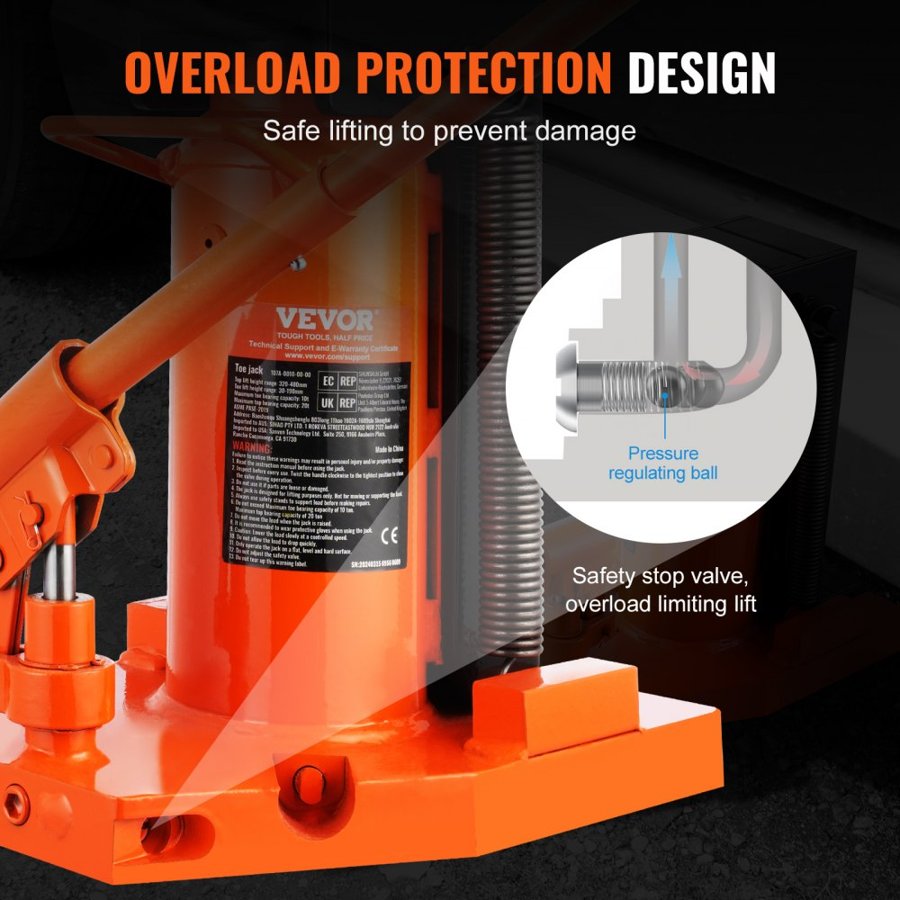 VEVOR Hydraulic Toe Jack, 5 Ton/4536 kg On Toe Toe Jack Lift, 10 Ton/9072 kg On Top Lift Capacity Machine Jack, 0.8-6.8 in/2-17.3 cm Toe Height, 11.3-17.3 in/28.7-43.9 cm Top Height, Air Hydraulic Claw Jack for Machinery, Industry