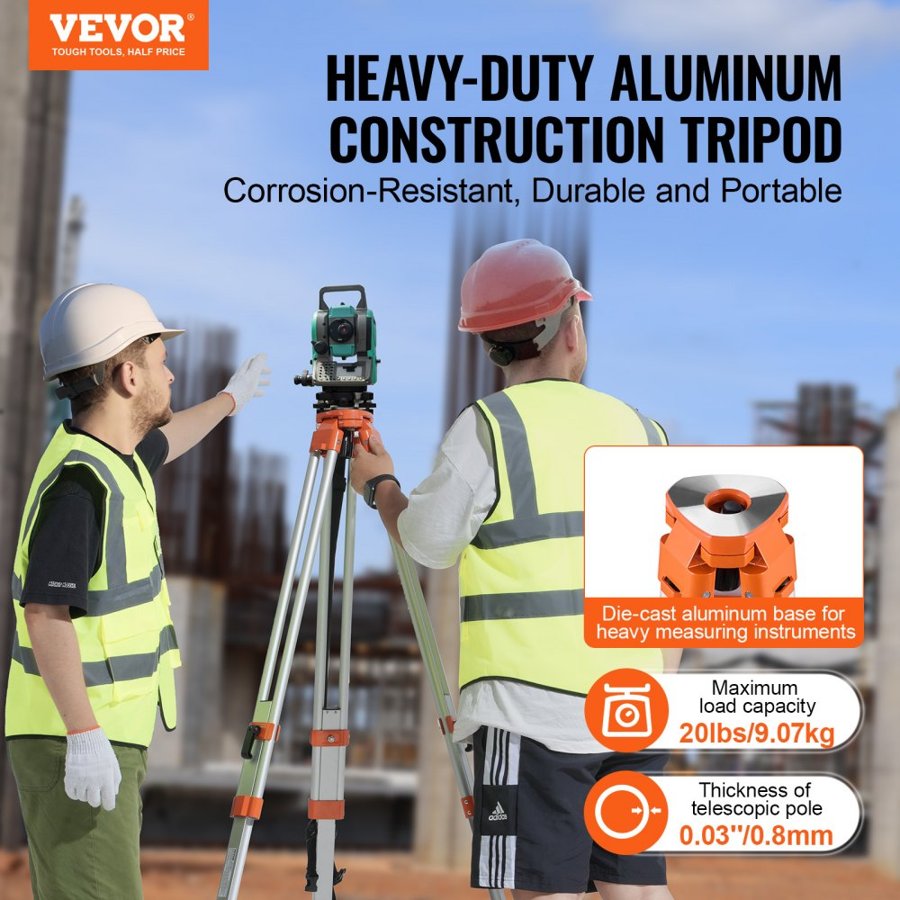 VEVOR Tripod for Laser Level – 5/8"-11 Thread, 16.53"-65.55"
