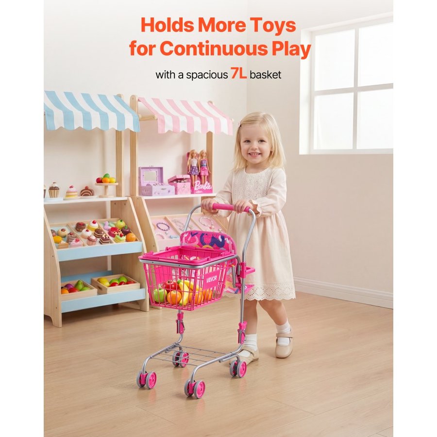 VEVOR Shopping Cart for Kids, Sturdy Metal Frame, Toy Shopping Cart with Baby Doll, 4 Rolling Wheels, Doll Seat Carrier, Grocery Pretend Play Toy Trolley, Folds for Easy Storage, for Toddlers Ages 3+