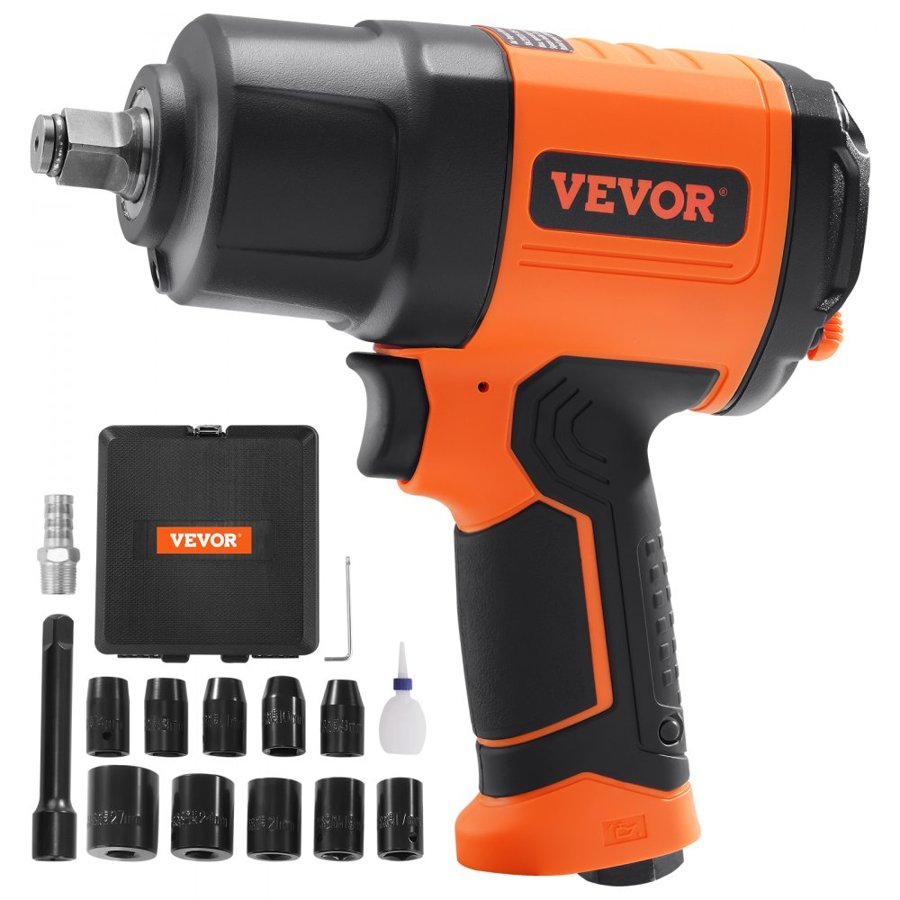 VEVOR 1.27 cm Air Impact Wrench, High Torque Up to 1898.15 N·m, Lightweight 2.1 kg Design Pneumatic Impact Gun with 11-PCS 1.27 cm Drive CR-V Steel Impact Socket Set & Carrying Case