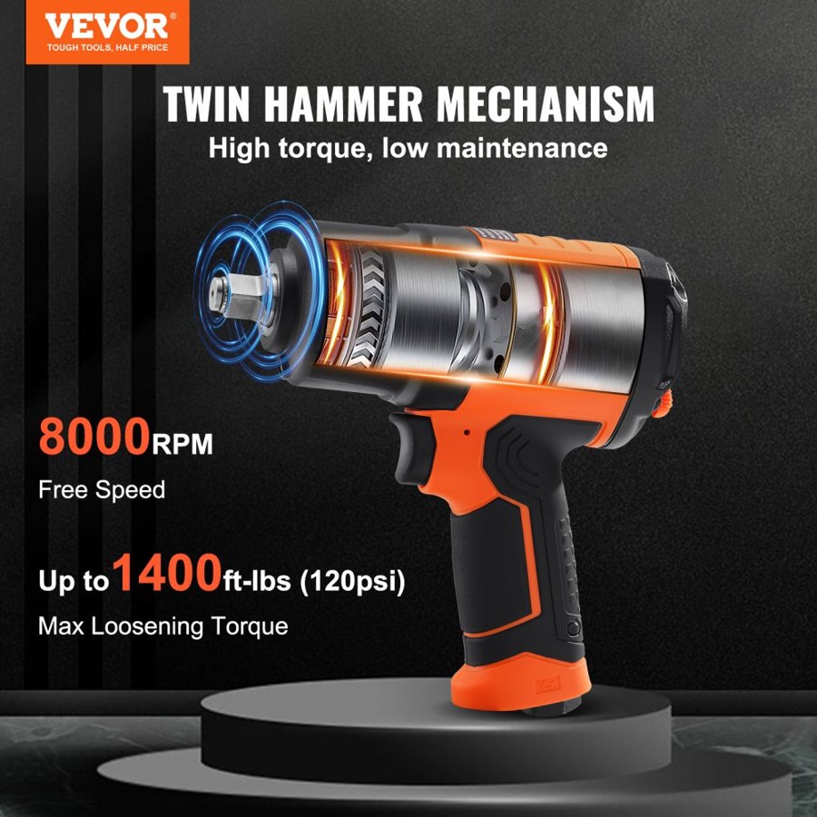 VEVOR 1.27 cm Air Impact Wrench, High Torque Up to 1898.15 N·m, Lightweight 2.1 kg Design Pneumatic Impact Gun with 11-PCS 1.27 cm Drive CR-V Steel Impact Socket Set & Carrying Case