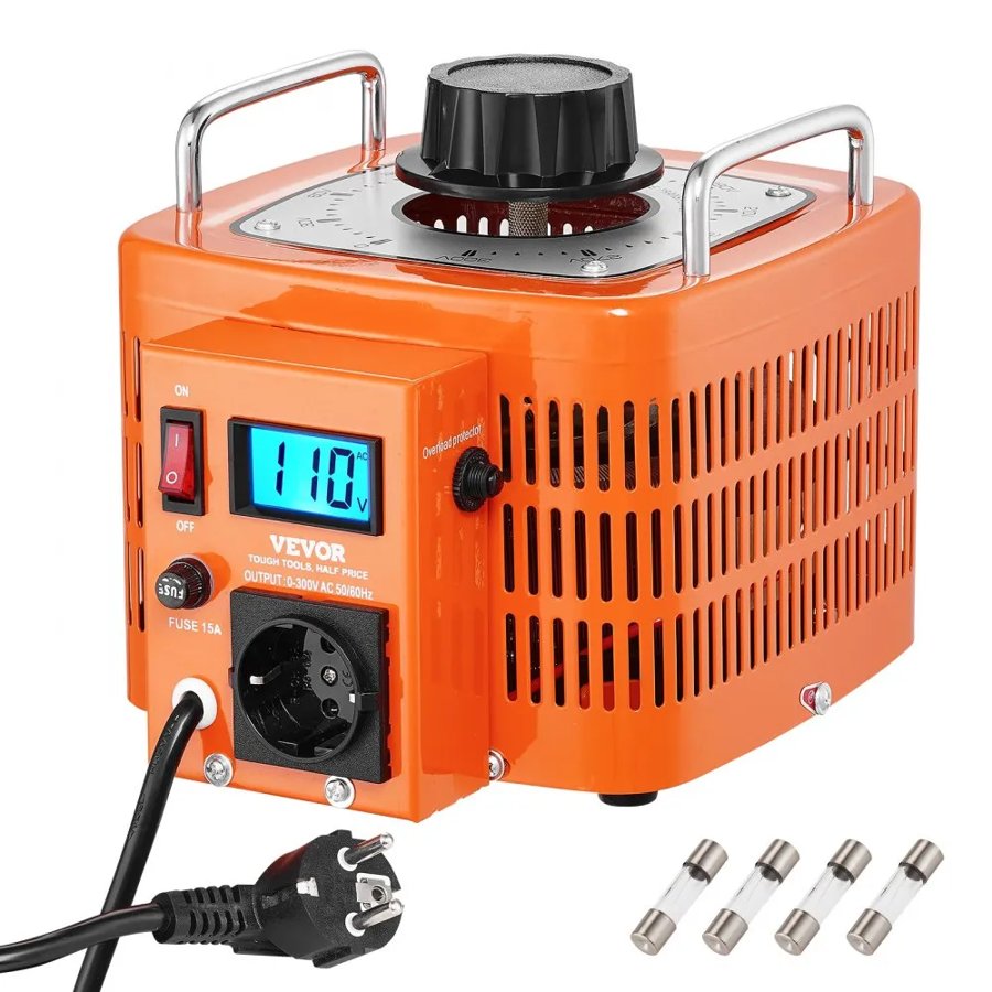 VEVOR 3000VA Auto Variable Voltage Transformer, 10 Amp, 230V Input 0-300V Output AC Voltage Regulator, with LCD Display 4 Extra Fuses Thermal Control Switch for Home Industrial Office, CE-Certified