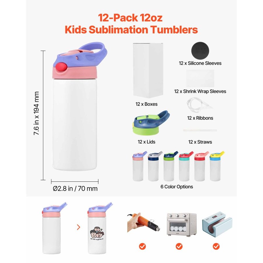 VEVOR 12 oz Sublimation Tumblers – 12-Pack, Lids & Straws