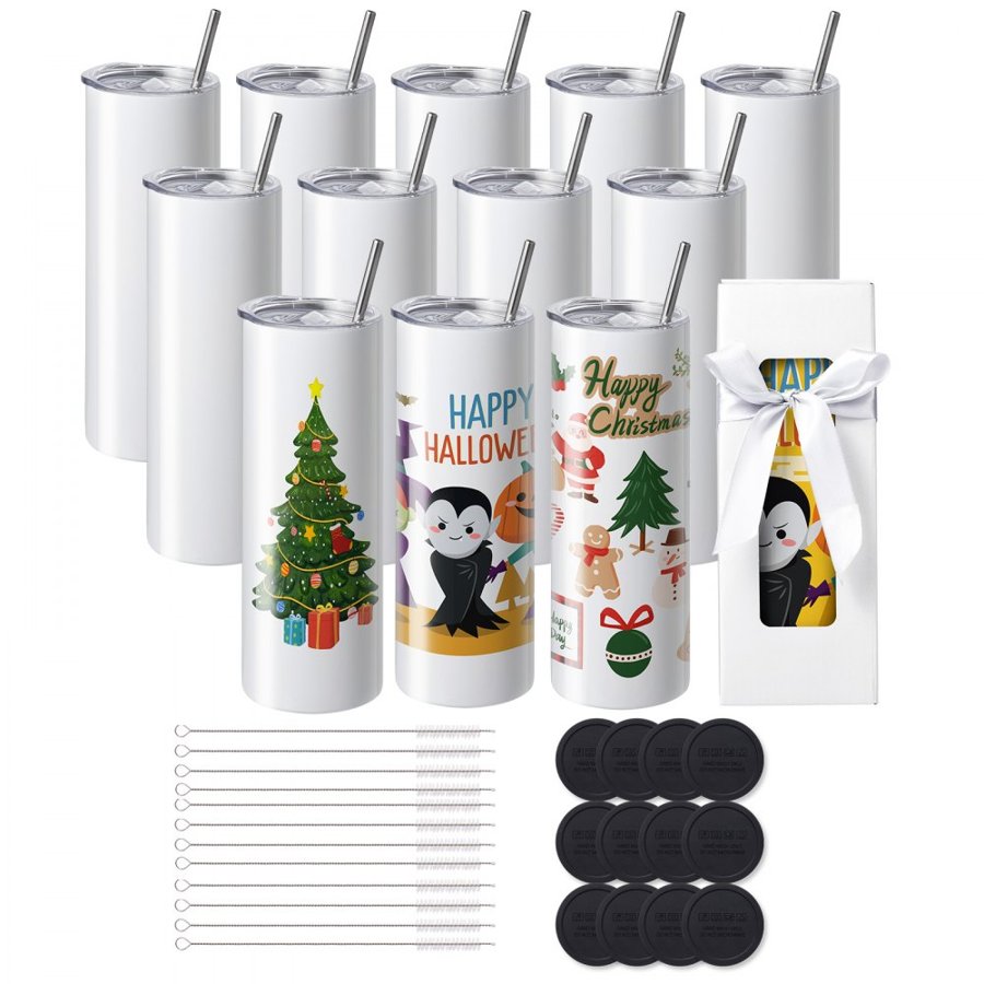 VEVOR 12 Pack Straight Sublimation Tumblers, 591.5 ml Blank Tumbler Bulk, Stainless Steel Double Wall Tumbler Cups with Straw, Lid, Brush, Base, Shrink Wrap, Gift Box, for Heat Press and Heat Transfer