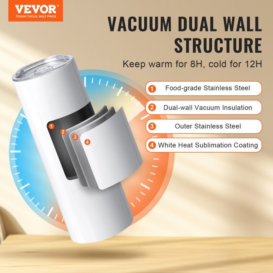 VEVOR 12 Pack Straight Sublimation Tumblers, 591.5 ml Blank Tumbler Bulk, Stainless Steel Double Wall Tumbler Cups with Straw, Lid, Brush, Base, Shrink Wrap, Gift Box, for Heat Press and Heat Transfer