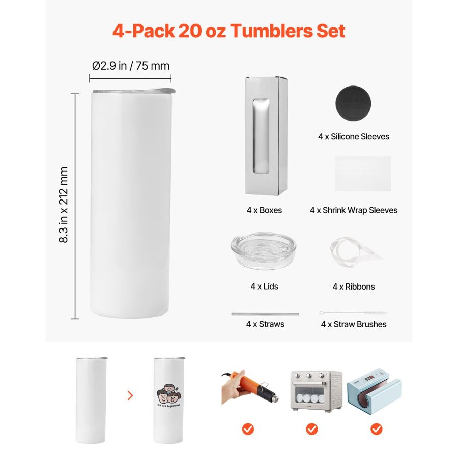 VEVOR 20 oz Sublimation Tumblers – 4 Pack, 12 Hours, 8 Hours