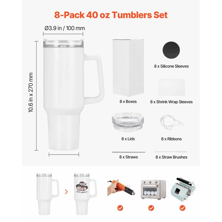 VEVOR 40 oz Sublimation Tumblers – 8 Pack, 304 Steel, Handle