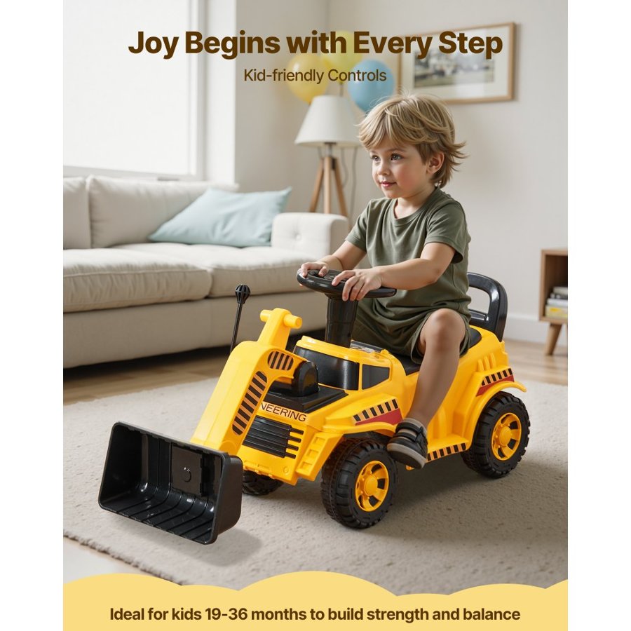 VEVOR Ride On Toddler Car, Ride on Excavator Car for Toddler 19 to 36 Months, Excavator Bulldozer Digger Toy with Under-seat Storage & Music, 25 kg Load Capacity, Foot-to-Floor Walker for Kid, Yellow