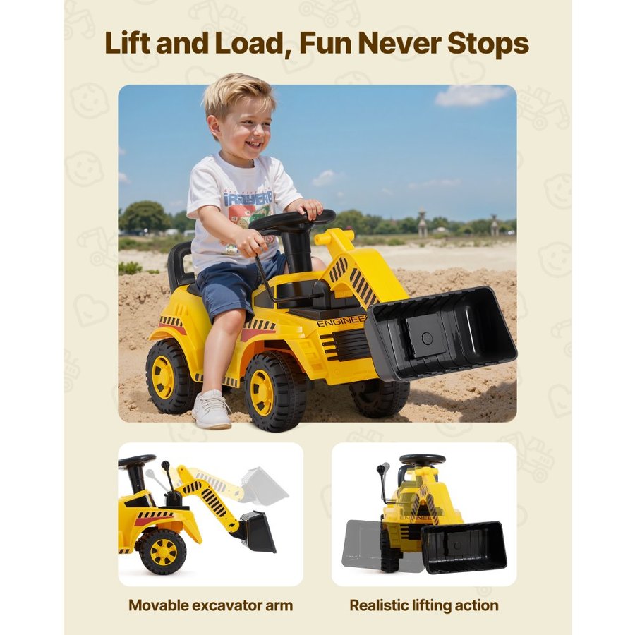 VEVOR Ride On Toddler Car, Ride on Excavator Car for Toddler 19 to 36 Months, Excavator Bulldozer Digger Toy with Under-seat Storage & Music, 25 kg Load Capacity, Foot-to-Floor Walker for Kid, Yellow
